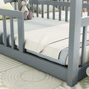 Double Twin House-Style Floor Bed with Fence, Guardrails, without door, Grey(Old Sku:W504P143316)