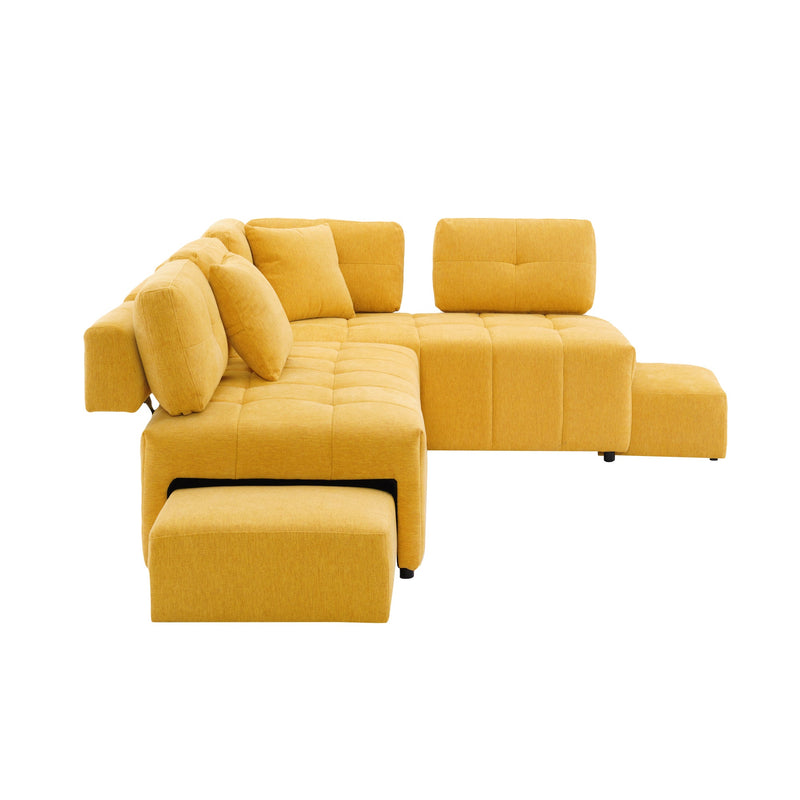 91.73" L-shaped Sofa Sectional Sofa Couch with 2 Stools and 2 Lumbar Pillows for Living Room, Yellow