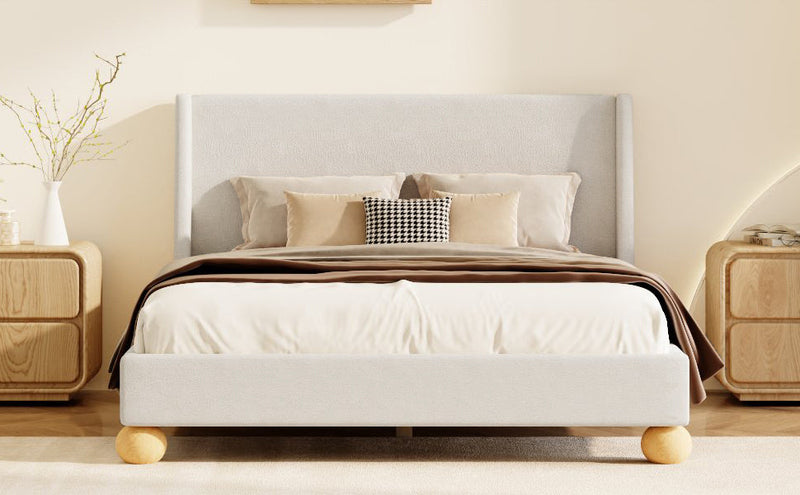 Walker Edison - Modern Boucle Upholstered Platform Bed with Wingback Headboard and Round Wooden Legs, Beige,Queen Size