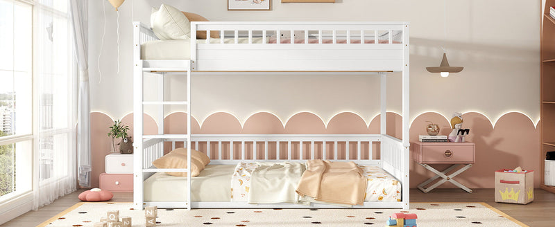 Queen over Queen Bunk Bed with Ladder and Guardrails, White