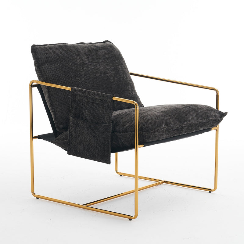 2 Sets 1 Case, Upholstered Hanging Armchair with Arm PocketsMetal frame, gold-plated craftsmanship, crushed foam cushions and skin-friendly woven fabric for living room and bedroom. Dark Gray