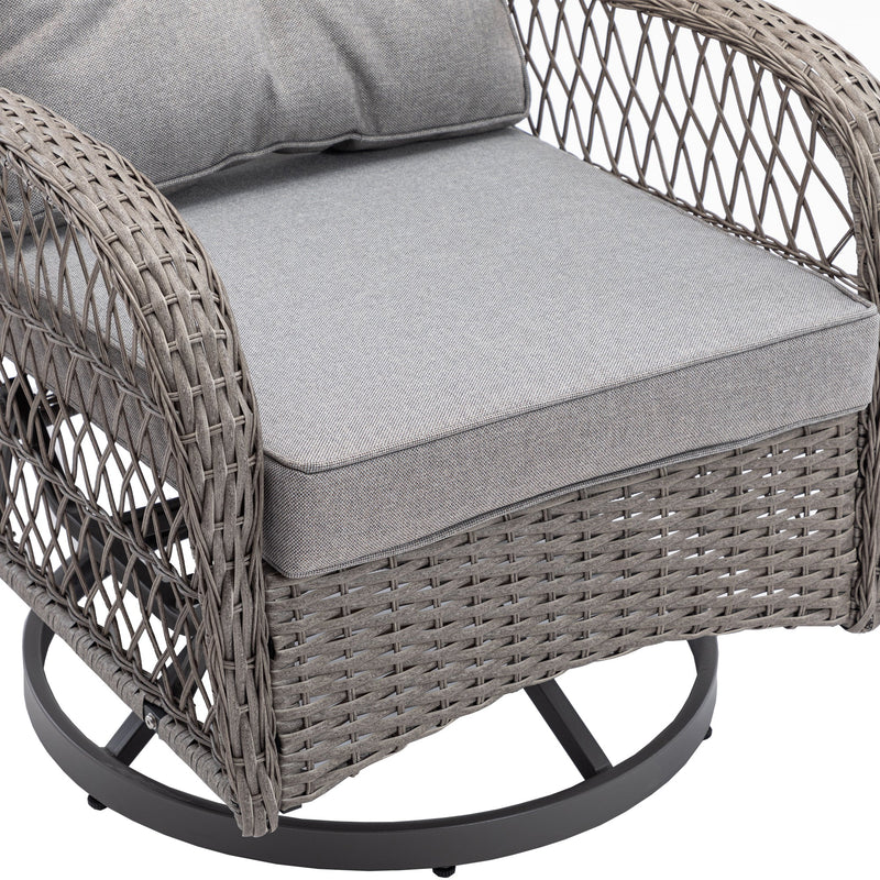 3 Pieces Outdoor Swivel Rocker Patio Chairs, 360 Degree Rocking Patio Conversation Set with Thickened Cushions and Glass Coffee Table for Backyard, Grey