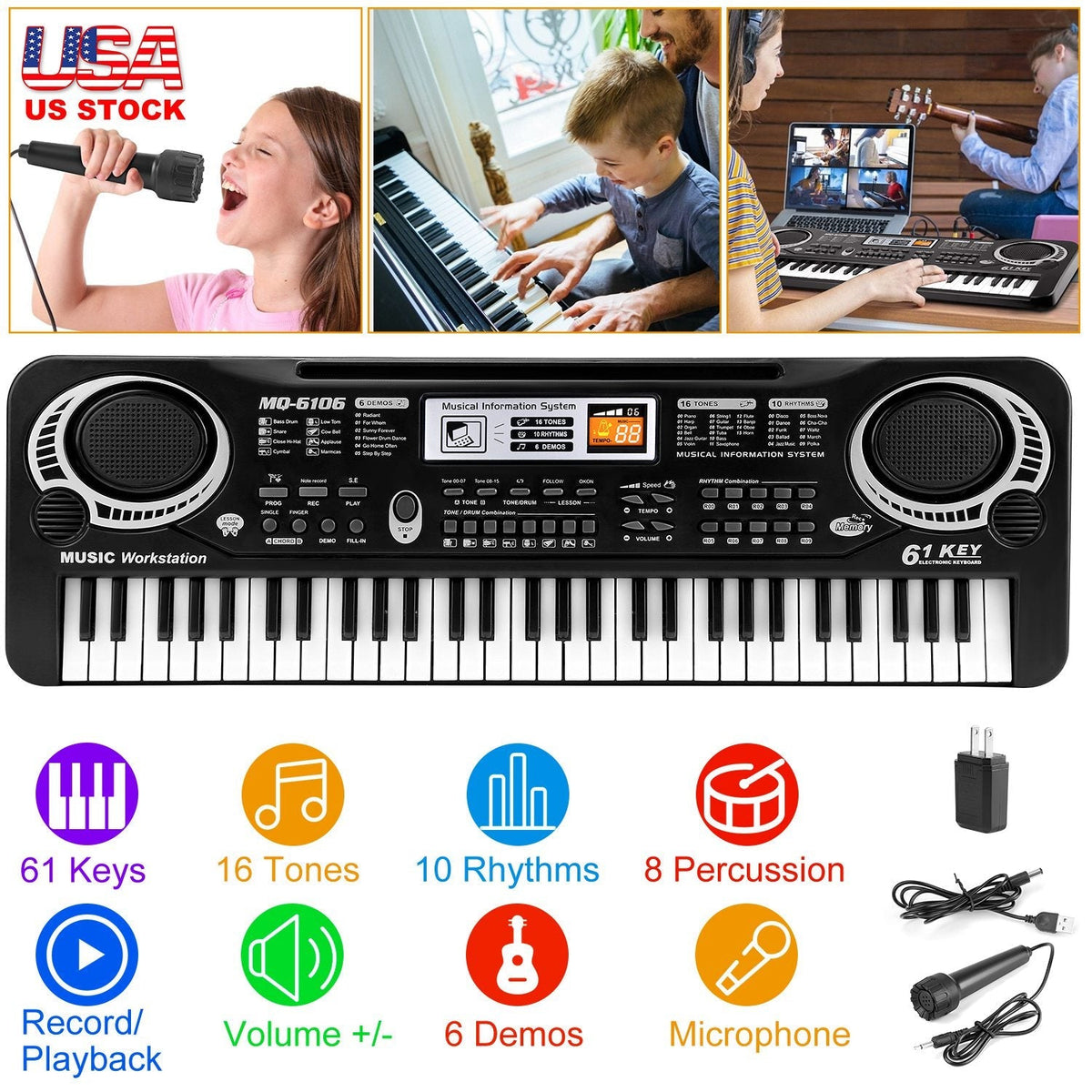 61 Keys Digital Music Electronic Keyboard Electric Piano Musical Instrument Kids Learning Keyboard w/ Microphone For Beginners Kids Girls Boys Adults, photo 8 of 12