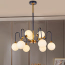 GobekUsa Sleek Opal Glass Pendant Chandelier - Modernist Spherical Down Lighting - Black-Gold Finish - 6/9 Bulb Option for Living Room