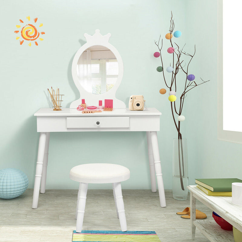 Kids Vanity Makeup Table & Chair Set Make Up Stool-White, photo 2 of 8