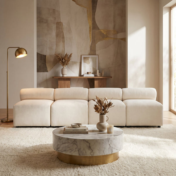 Evelyn 4-Piece Modular Chenille Sectional Sofa with Solid Wood Frame - Ivory