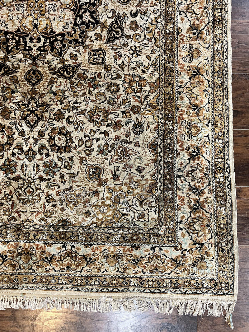 Persian Qum Silk Rug, Floral Medallion, Very Fine 60 Raj 475 KPSI, Handmade Hand Knotted Oriental Carpet, Silk on Silk