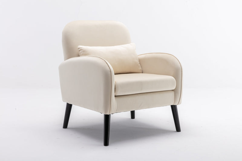 Accent chair, KD solid wood legs with black painting. Fabric cover the seat. With a cushion.