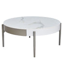 Modern Round Coffee Table With Storage Drawers Handcrafted Ceramic Inlay Tabletop 2 Tone Wood Legs Scandinavian Living Room Center Table - White / Gray by HouseOfZazla