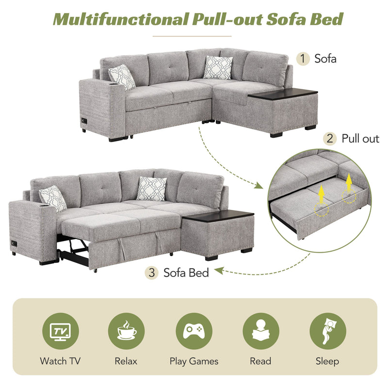 83.8" Reversible Sectional Pull-Out Sofa Bed L-Shaped Corner Sofa Couch with Storage Chaise, USB Ports, Power Sockets, Cup Holder for Living Room, Bedroom, Study,Light Gray