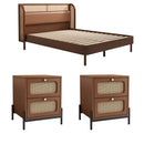 3 Pieces Modern Cannage Rattan Platform Queen Bed + Nightstandx2, Walnut