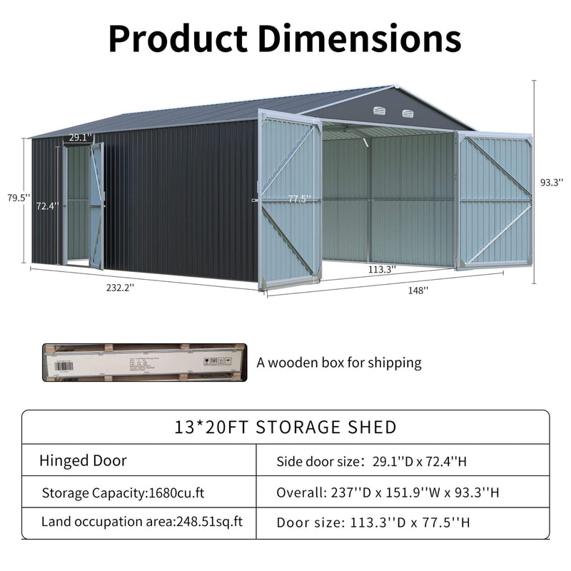 [13x20FT] Alora Large Heavy-Duty Outdoor Metal Storage Shed With Double Doors (SAK65331)