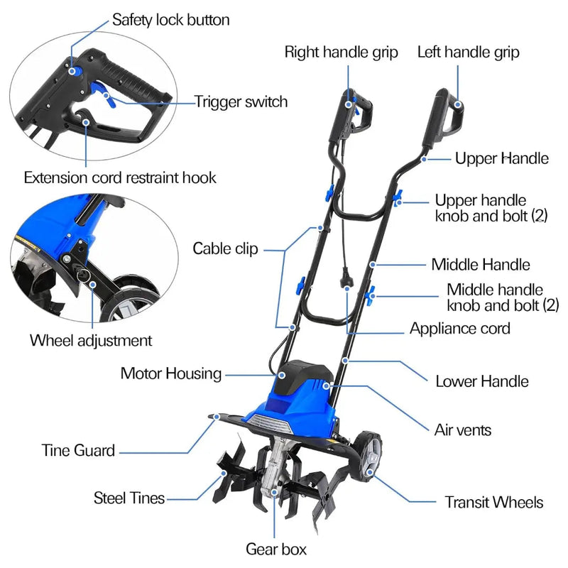 14-inch Tiller Cultivator with 10 Amp Motor, 4 Steel Tines, Foldable Design for Gardening. Electric Garden Rototiller with Adjustable Wheels.