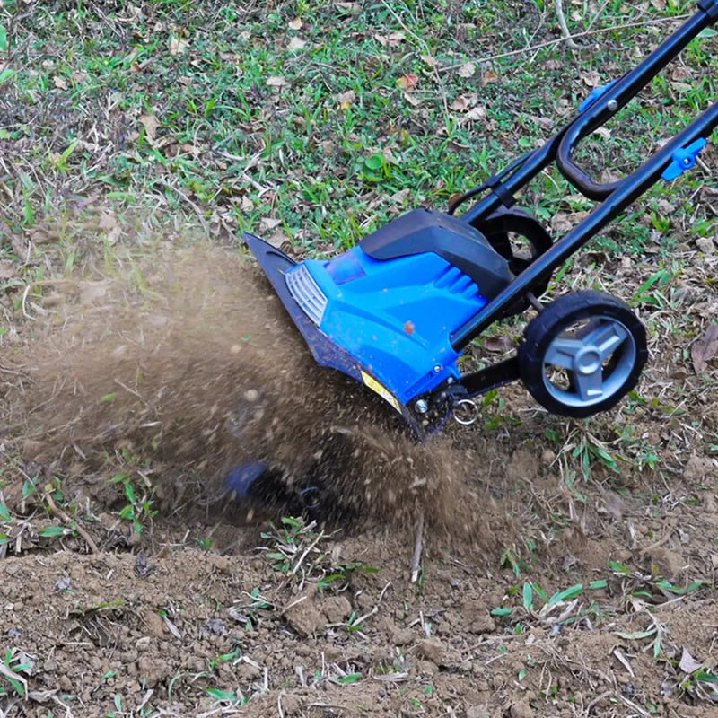 14-inch Tiller Cultivator with 10 Amp Motor, 4 Steel Tines, Foldable Design for Gardening. Electric Garden Rototiller with Adjustable Wheels.