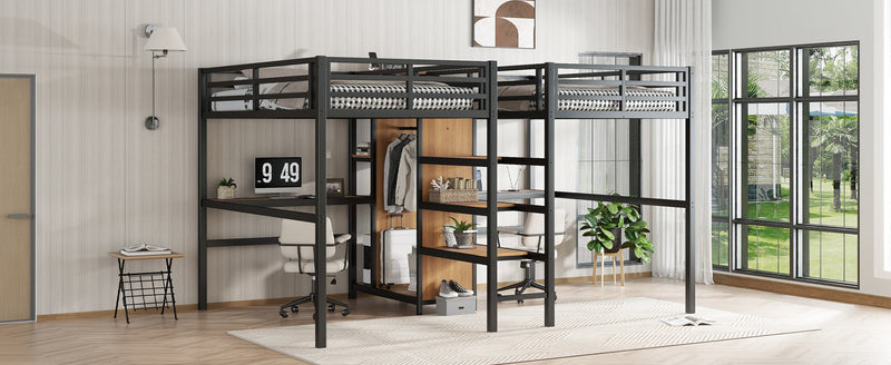 Twin Over Twin Metal Loft Bed with Double Desk and Wardrobe and Shelves with Electrical Outlet for Space Saving and Noise Reduction, woodgrain