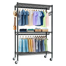 Heavy Duty Rolling Clothes Rack with 3 Tier Shelves, 2 Rails & Side Hooks, Adjustable Freestanding Organizer, Black Metal