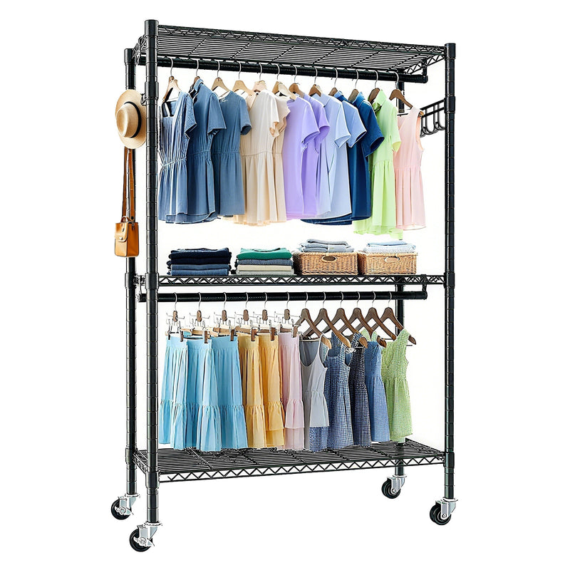 Heavy Duty Rolling Clothes Rack with 3 Tier Shelves, 2 Rails & Side Hooks, Adjustable Freestanding Organizer, Black Metal