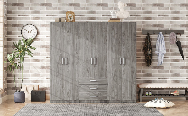 6-Doors Wooden Wardrobe Storage for Bedroom, with Big Drawers, Gray