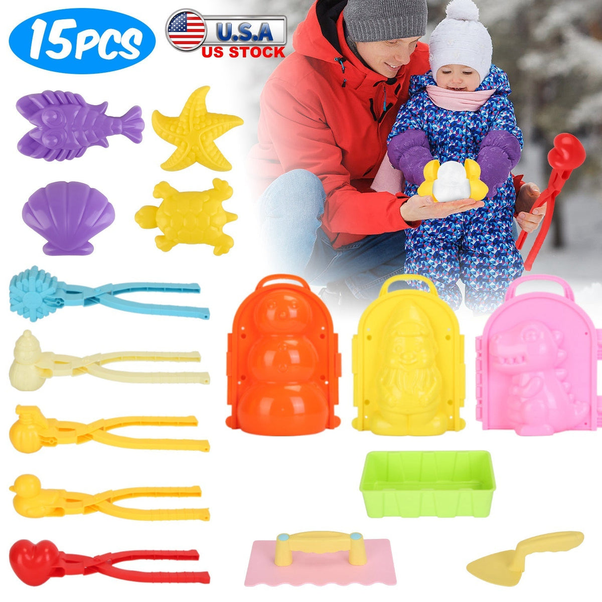 15Pcs Winter Snowball Tool Kit Kids Snow Molds Outdoor Snow Beach Toys for Kids Toddlers Adults Snowman Snowflake Duck Dinosaur, photo 7 of 14