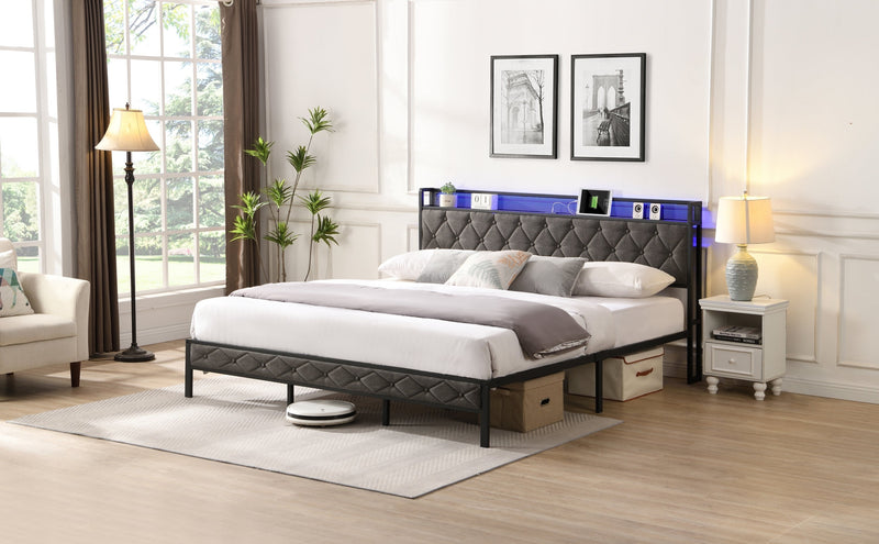 Walker Edison | Upholstered Storage Charging Station and LED Lights Bed