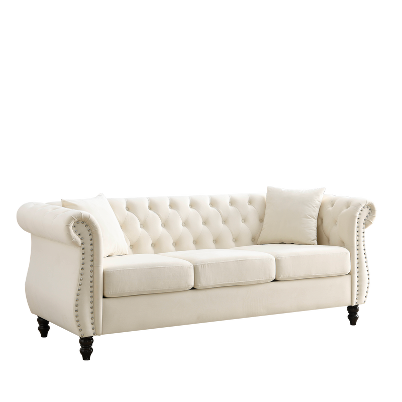 80" Chesterfield Sofa Beige Velvet for Living Room, 3 Seater Sofa Tufted Couch with Rolled Arms and Nailhead for Living Room, Bedroom, Office, Apartment, two pillows