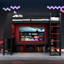 Gaming Loft Bed With Desk, Multi Storage Shelves, LED Lighting, And Hanging Clothes Rack by Unique Piece Furniture