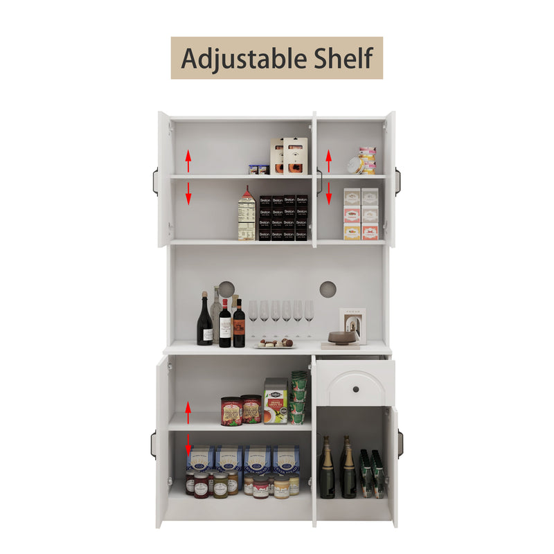 71" Kitchen Pantry Storage Cabinet with Microwave Oven Countertop, Freestanding Hutch Cabinet with Adjustable Shelves, 6 Doors and 1 Drawer-White