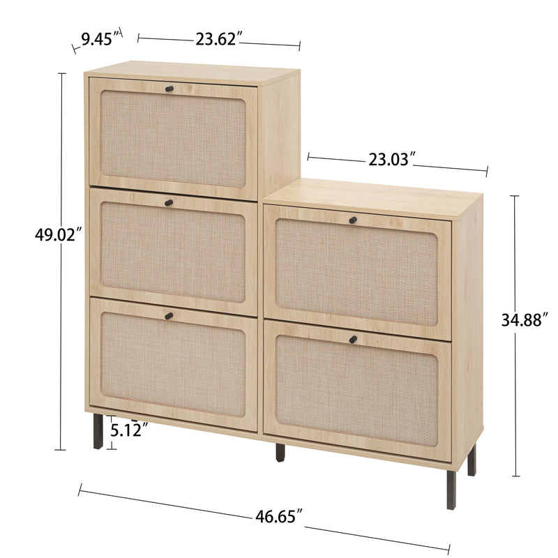 Walker Edison - Rattan 5 Door Shoe Rack, Freestanding Modern Shoe Storage Cabinet, for Entryway