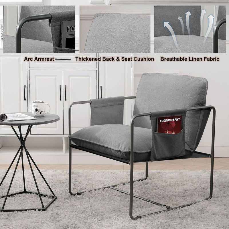 2 Sets 1 Case, Upholstered hanging armchair with arm pocket metal frame, crushed foamcushions and skin-friendly braid for living room and bedroom. Grey color