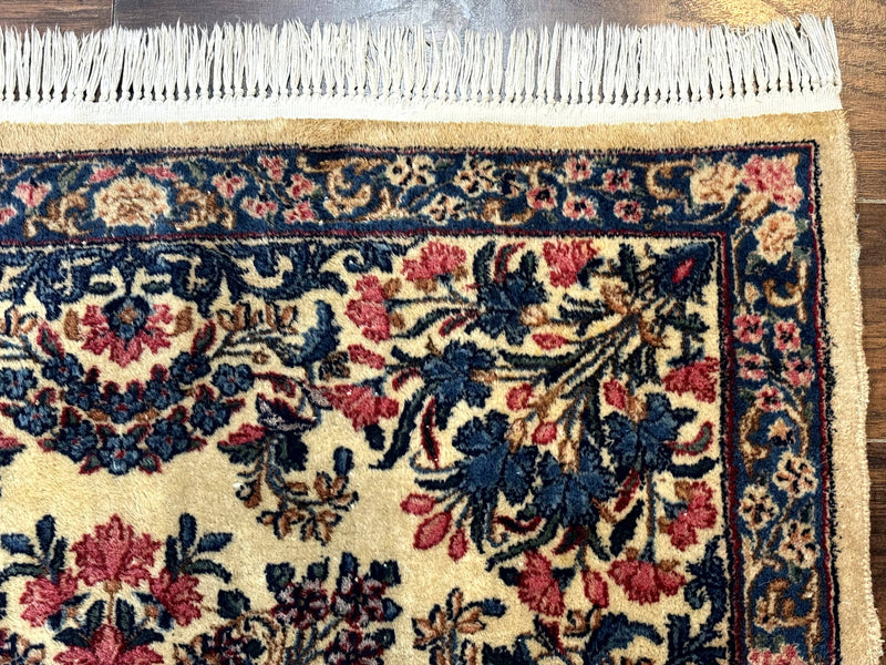 Square Persian Kerman Rug 4x4, Ivory Blue Pink, Handmade, Fine 225 KPSI