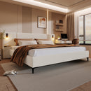 Chic Boucle Upholstered Bed with Integrated Lights and Shelves
