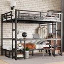 Queen Over Twin XL Metal Bunk Bed with Desk and Shelves