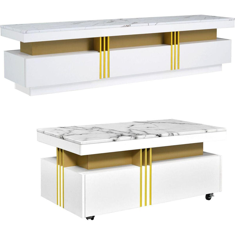 Modern Luxury TV Stand and Coffee Table Set of 2, High Gloss Faux Marble Top, TV Stand for TVs Up to 78", Rectangle Coffee Table with Caster Wheels for Living Room, White