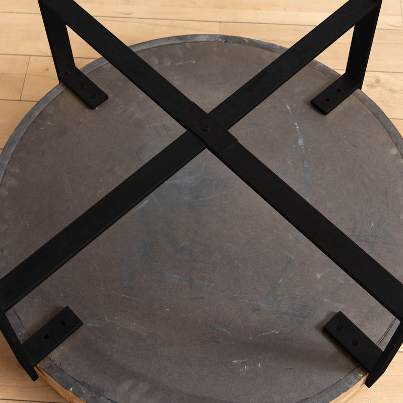 31.29" Modern Retro Splicing Round Coffee Table, Fir Wood Table Top with Cross Legs Metal Base