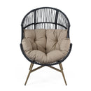 Cori Outdoor Patio Black Faux Wicker Egg Chair with Khaki Cushion, Weather-Resistant, Handwoven PE Rattan and Iron Frame