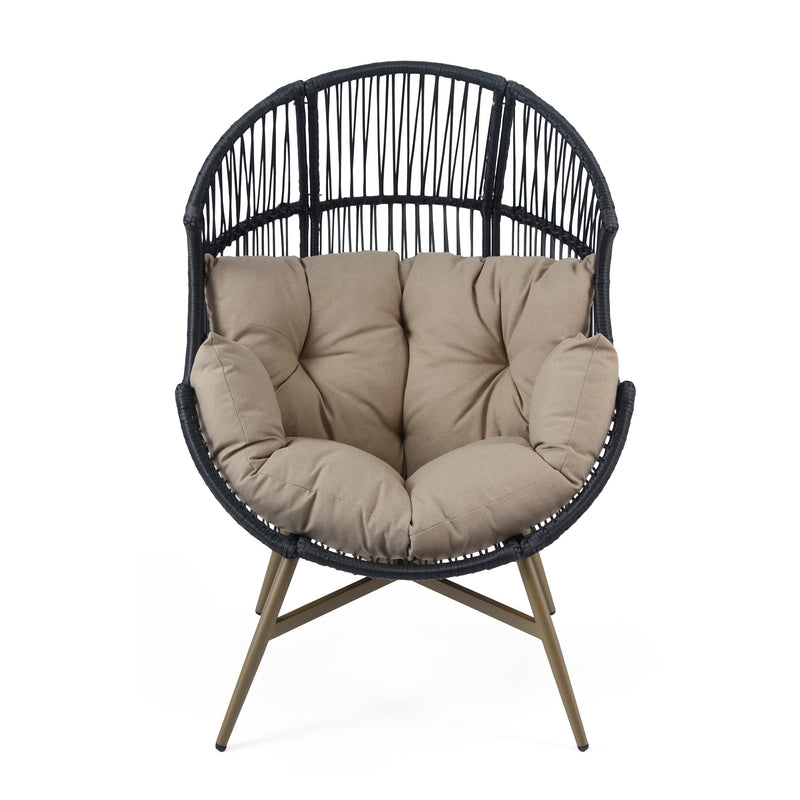 Cori Outdoor Patio Black Faux Wicker Egg Chair with Khaki Cushion, Weather-Resistant, Handwoven PE Rattan and Iron Frame