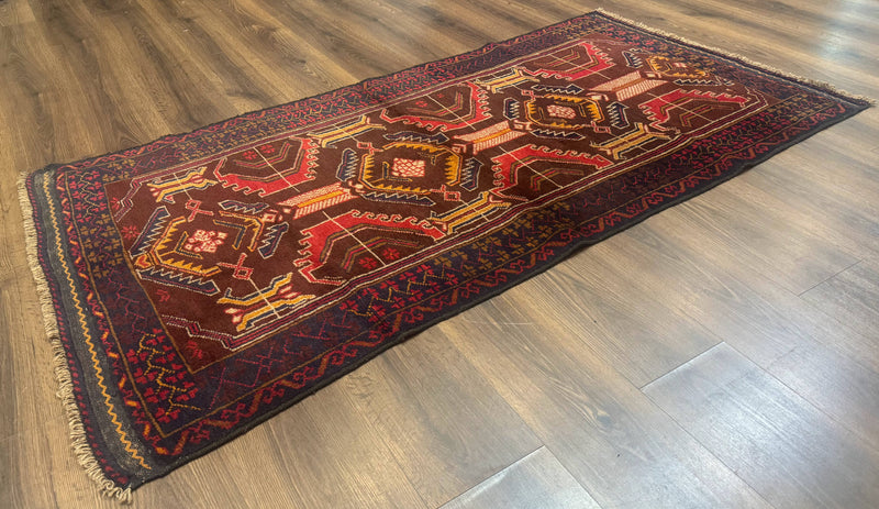 Afghan Rug 3x7, Maroon and Navy Blue, Balouch Carpet, Tribal Rug, New