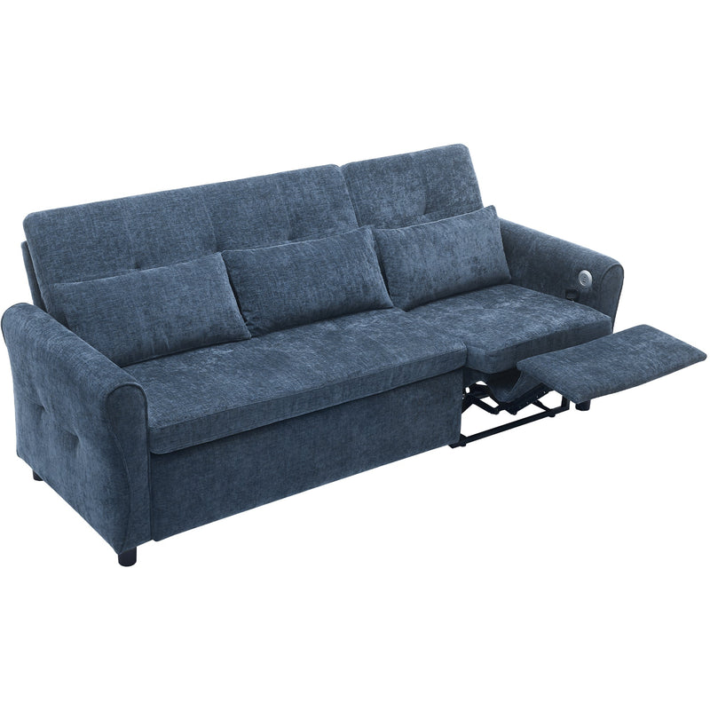 2-in-1 Sofa 82' Three-seater Sofa with Sofa Bed and Reversible Recliner, Blue Chenille