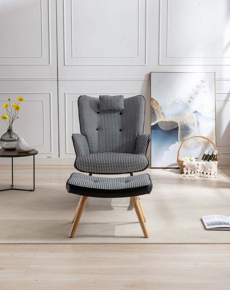 35.5 inch Rocking Chair with Footrest, Soft Houndstooth Fabric Leather Fabric Rocking Chair for Nursery, Comfy Wingback Glider Rocker with Safe Solid Wood Base for Living Room Bedroom Balcony (black)