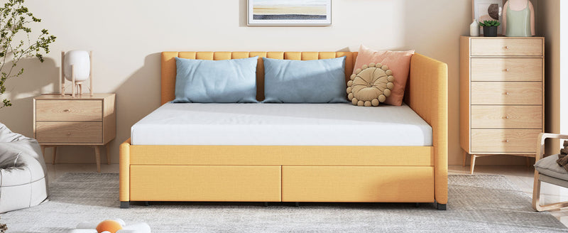 Full Size Upholstered Daybed with 2 Storage Drawers Sofa Bed Frame No Box Spring Needed, Linen Fabric (Yellow)