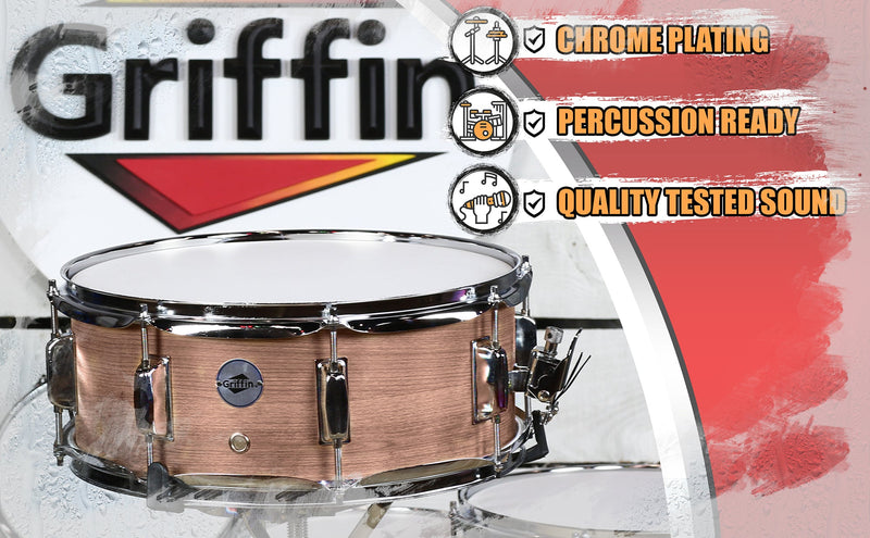 Oak Wood Snare Drum by GRIFFIN - PVC on Poplar Wood Shell 14" x 5.5" - Percussion Musical Instrument with Drummers Key for Students & Professionals