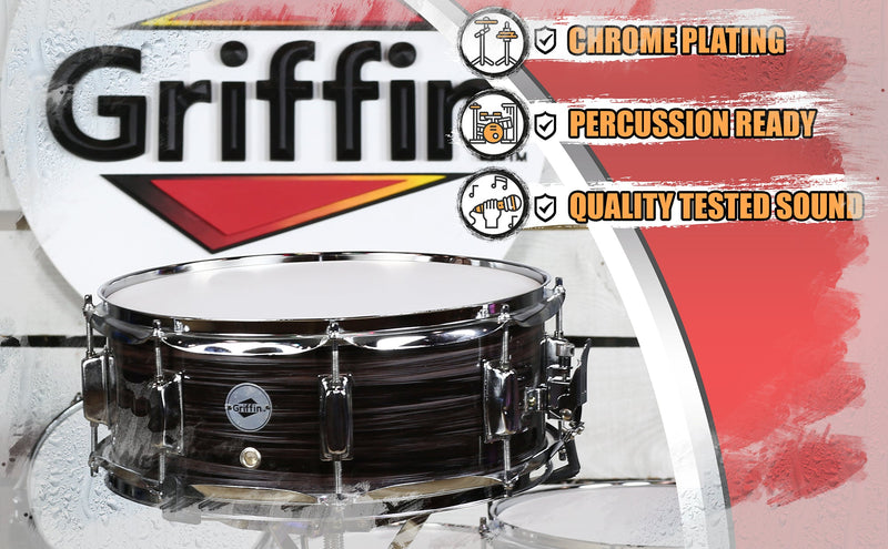 Snare Drum by GRIFFIN - 14" x 5.5" Poplar Wood Shell with Zebra PVC Glossy Finish - Percussion Musical Instrument with Drummers Key for Students