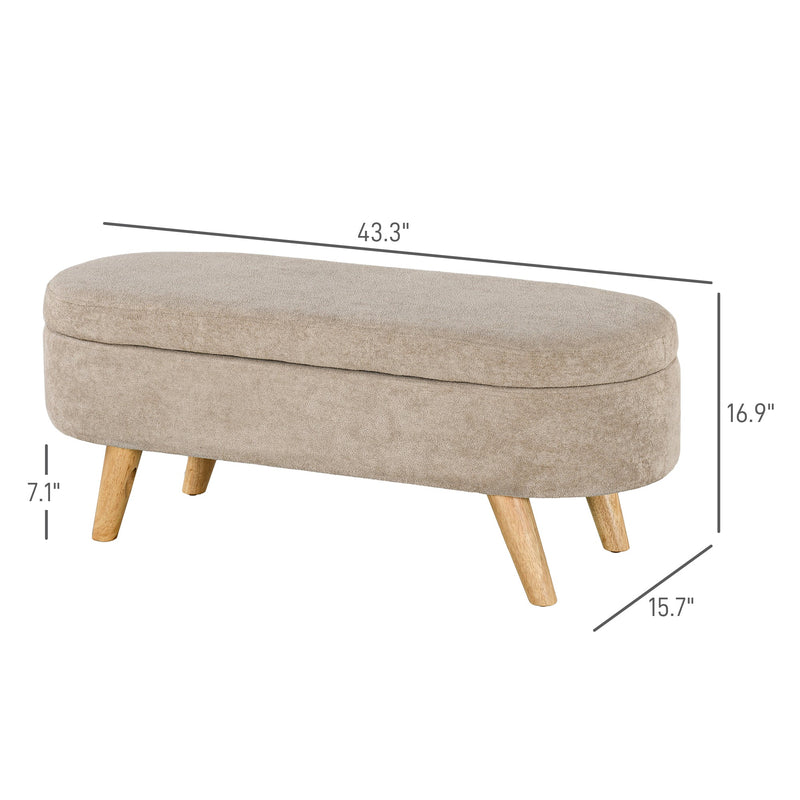 Walker Edison - Storage Ottoman Bench, 43.3" Teddy Fleece Upholstered End of Bed Bench with Wood Legs and Padded Seat, Oval Modern Entryway Bench, Beige