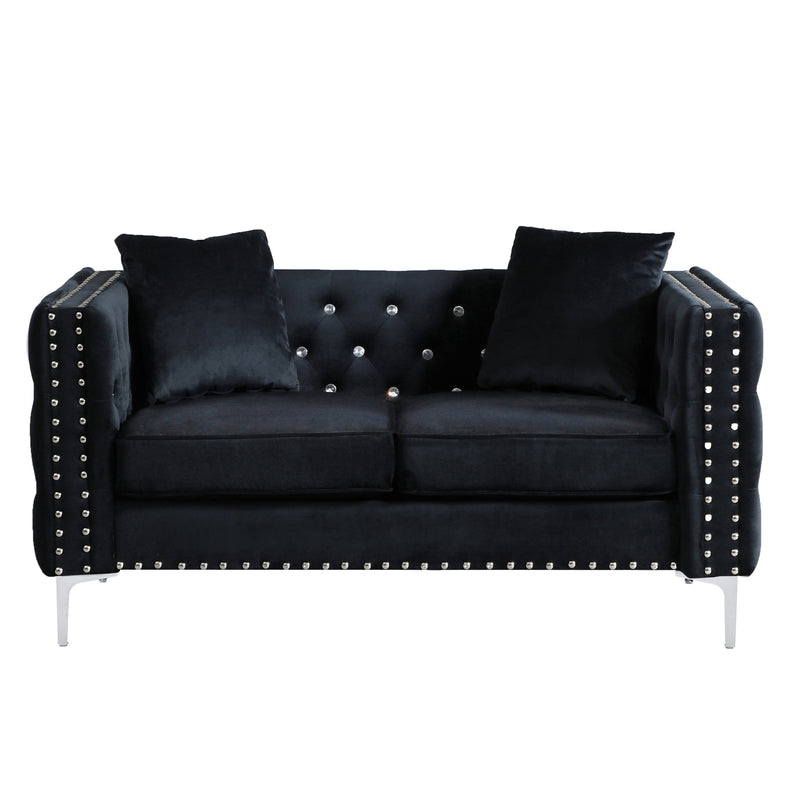 59.4 Inch Wide Black Velvet Sofa with Jeweled buttons, Square Arm, 2 Pillows