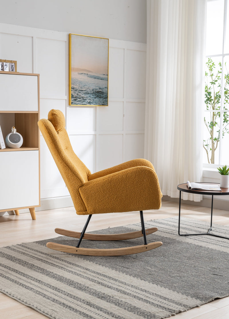 35.5 inch Rocking Chair, Soft Teddy Velvet Fabric Rocking Chair for Nursery, Comfy Wingback Glider Rocker with Safe Solid Wood Base for Living Room Bedroom Balcony (TURMERIC)