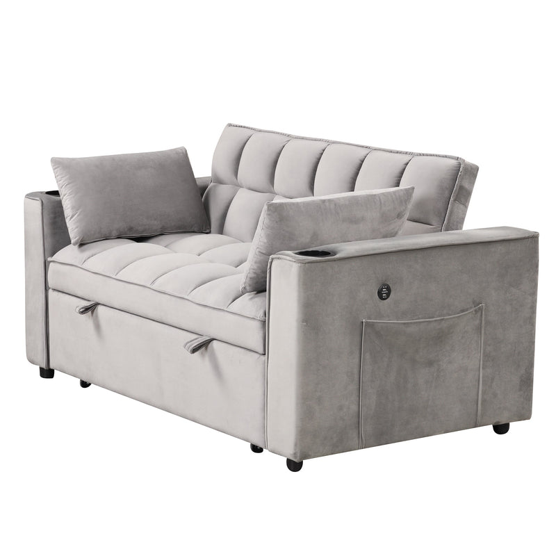 55.3" 4-1 Multi-functional Sofa Bed with Cup Holder and USB Port for Living Room or Apartments, Gray