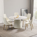 Modern Artificial Stone Round Plywood Base Dining Table, Can Accommodate 6 People, (Not Including Chairs) - White / Beige by HouseOfZazla