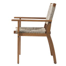 5-Piece Outdoor Dining Set: Brown Round Acacia Wood Table & 4 Brown Wicker Armchairs