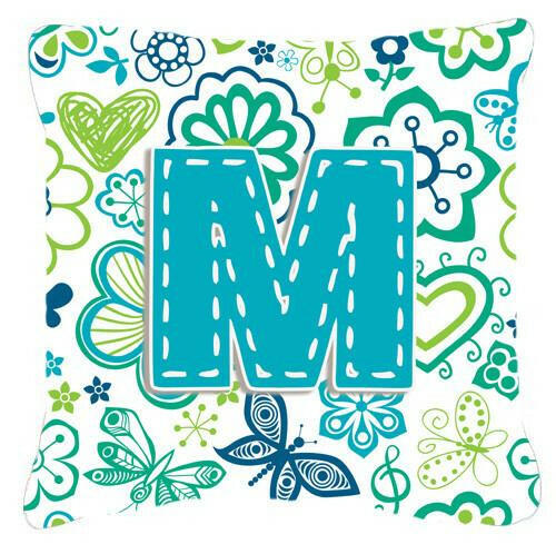 Letter M Flowers and Butterflies Teal Blue Canvas Fabric Decorative Pillow CJ2006-MPW1414