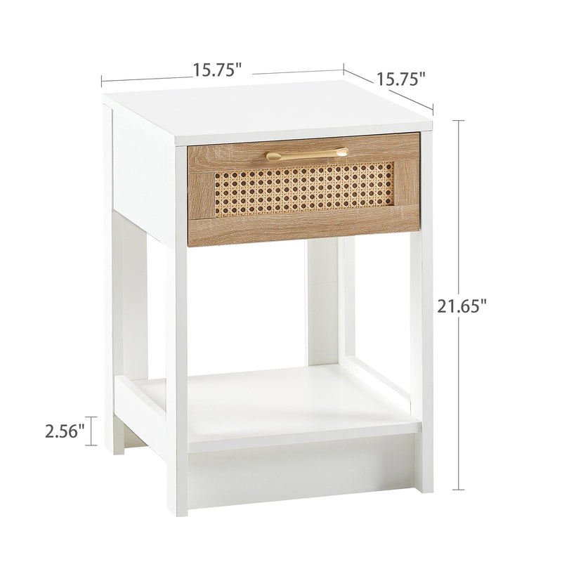 15.75" Rattan End table with drawer, Modern nightstand, side table for living roon, bedroom, white